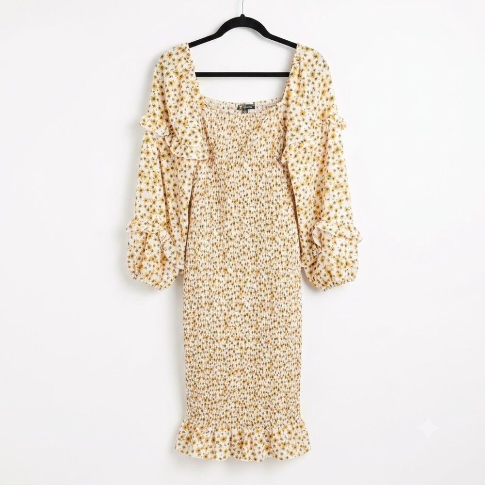 PrettyGarden Floral Smocked Midi Dress Size L Yellow Blue Ruffle Puff